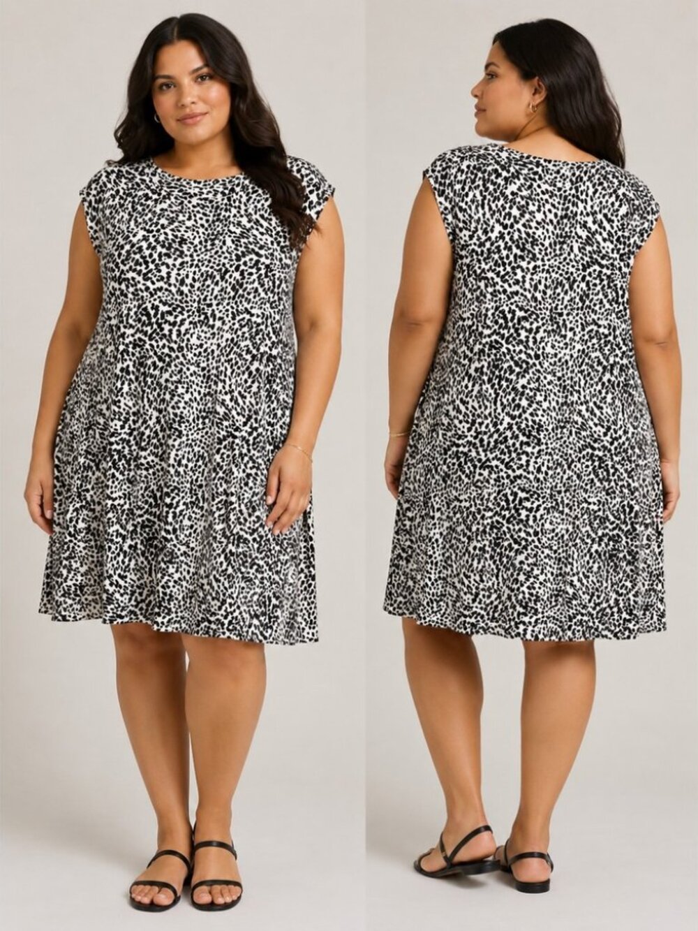 Maurices Black & White Animal Print Sleeveless Casual Plus Size Swing Dress